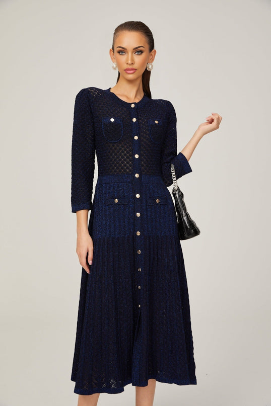 Élodie knitted longsleeve midi dress in Blue