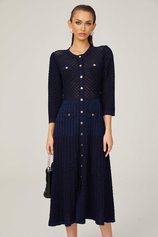Élodie knitted longsleeve midi dress in Blue