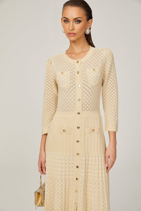 Élodie knitted longsleeve midi dress in Neutrals