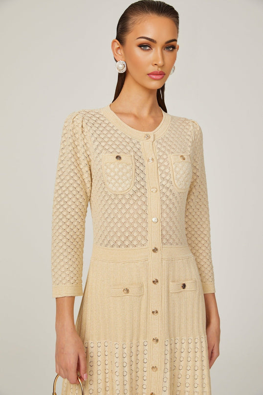 Élodie knitted longsleeve midi dress in Neutrals