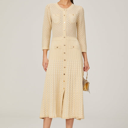 Élodie knitted longsleeve midi dress in Neutrals
