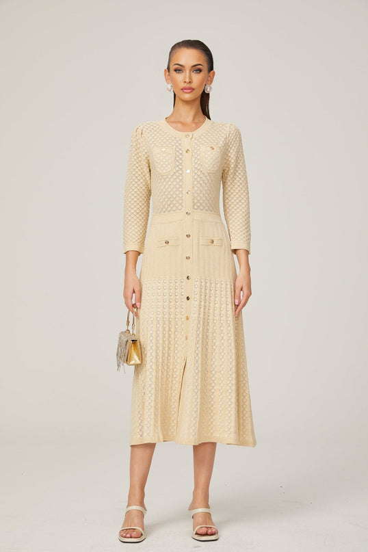 Élodie knitted longsleeve midi dress in Neutrals