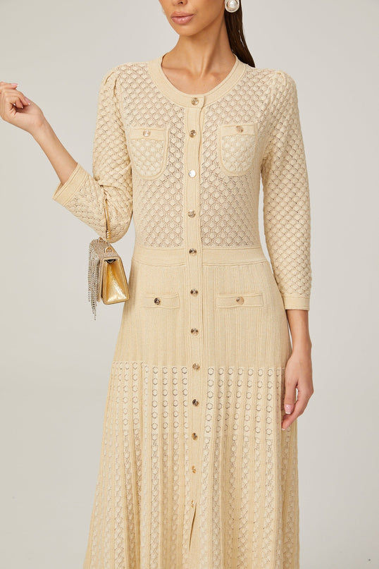 Élodie knitted longsleeve midi dress in Neutrals