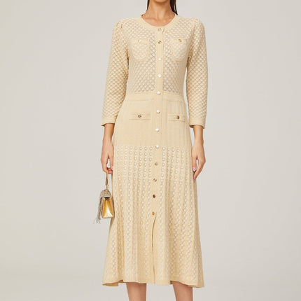 Élodie knitted longsleeve midi dress in Neutrals
