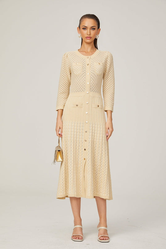 Élodie knitted longsleeve midi dress in Neutrals