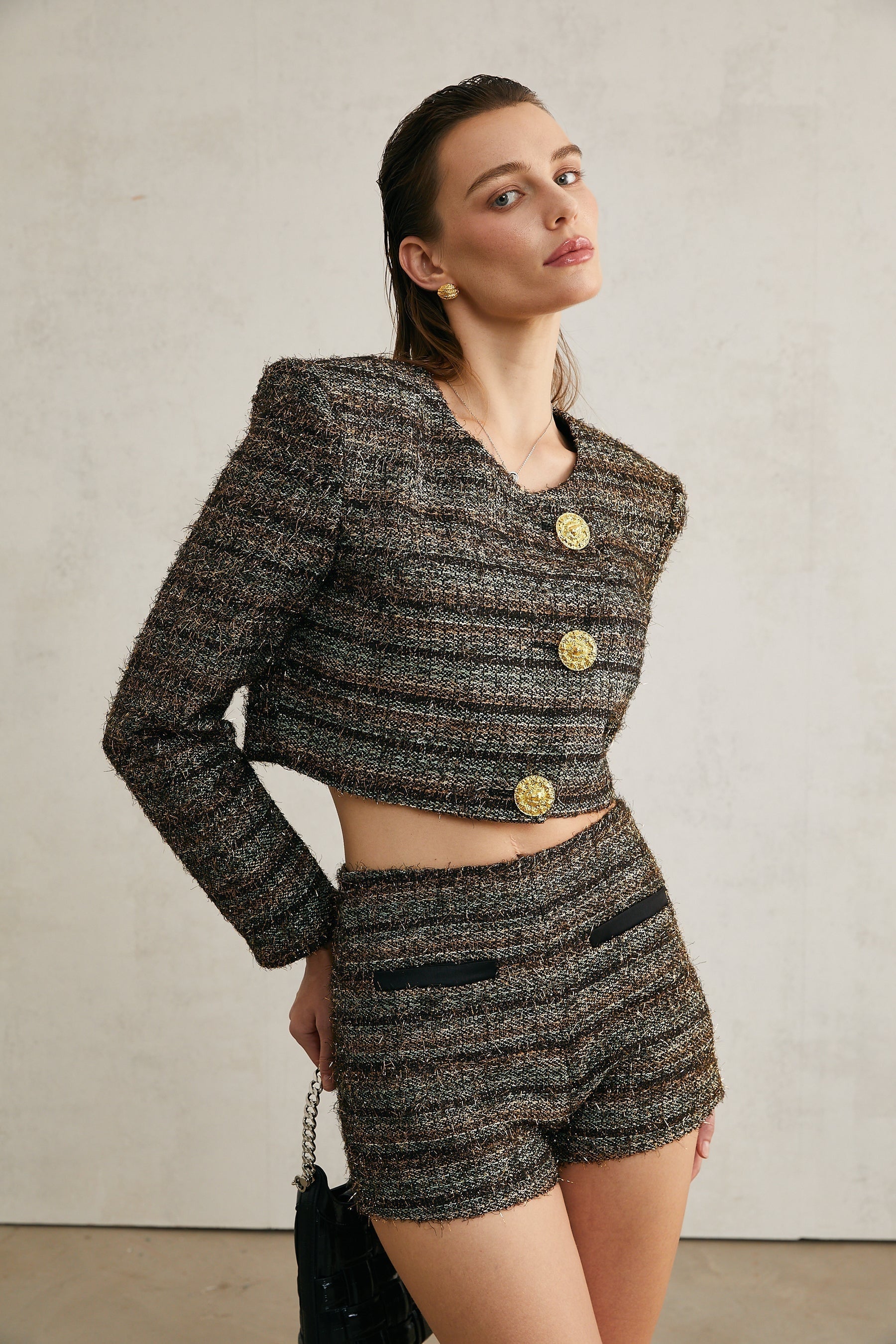 Éloïse tweed metallicthreading shorts