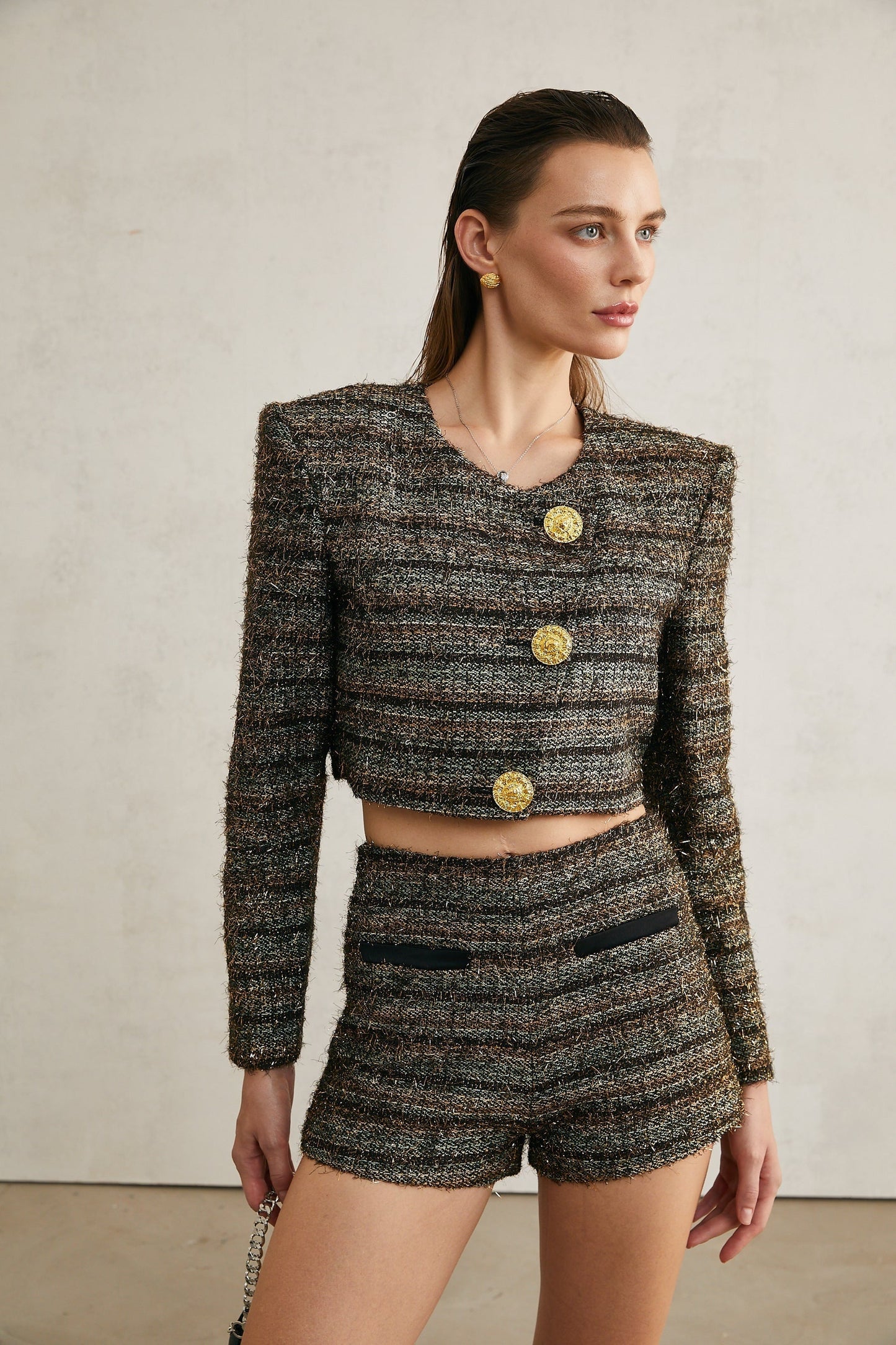 Éloïse tweed metallicthreading shorts