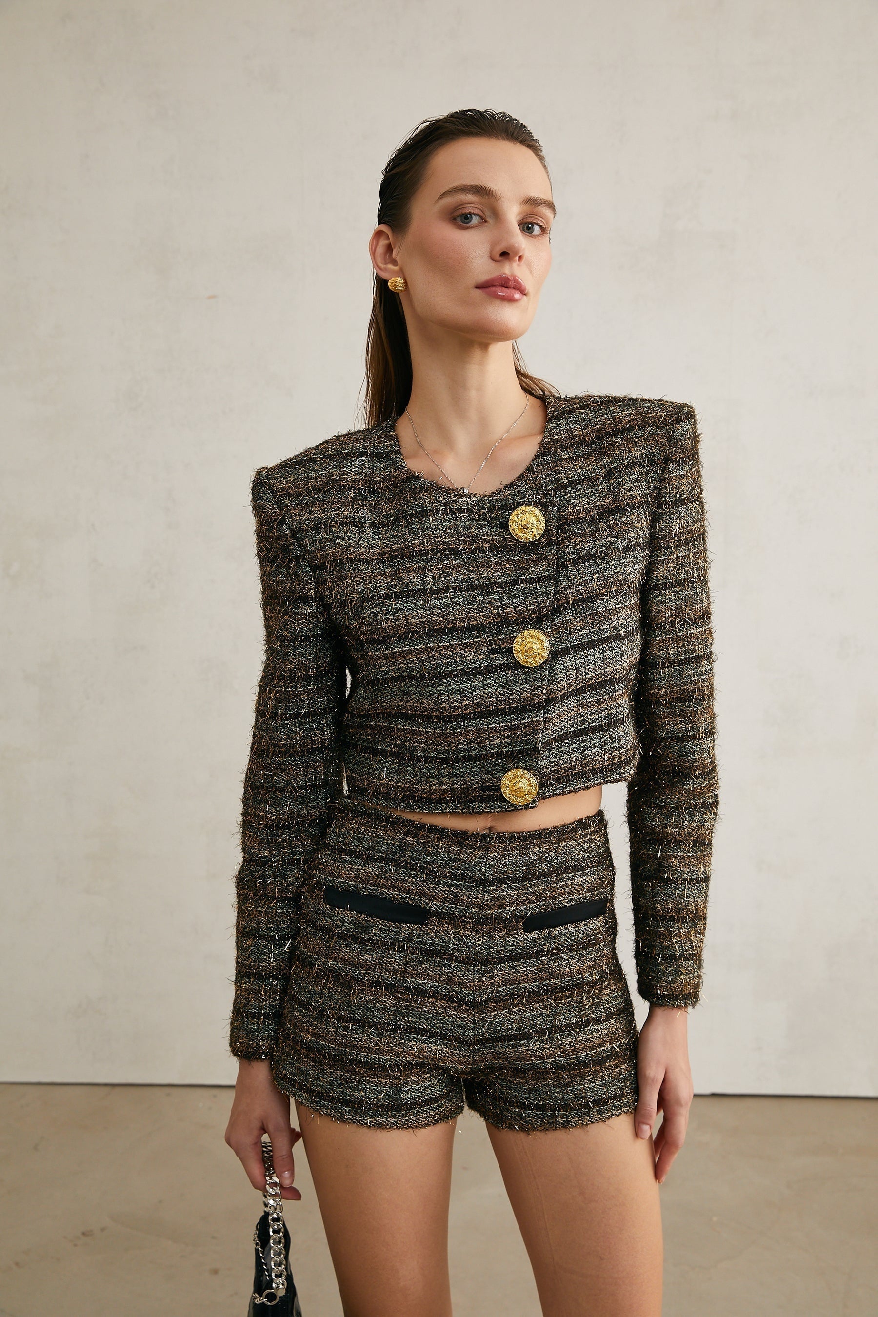 Éloïse tweed metallicthreading shorts