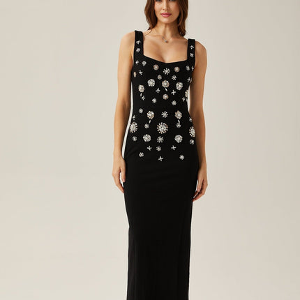 Emanuela Black Crystal Embellished Maxi Dress Polyester Cotton Scoop Neck Rear Slit Zip Fastening