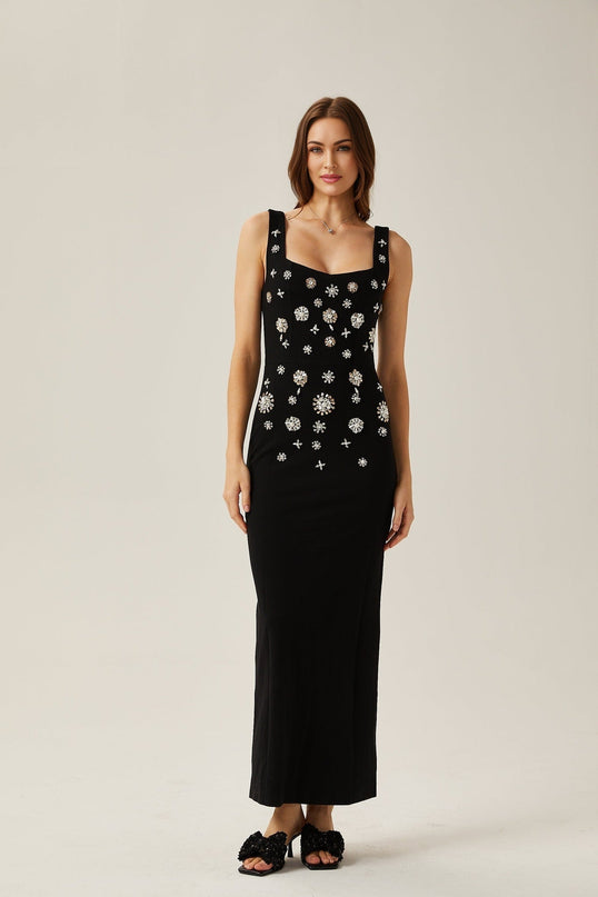 Emanuela Black Crystal Embellished Maxi Dress Polyester Cotton Scoop Neck Rear Slit Zip Fastening