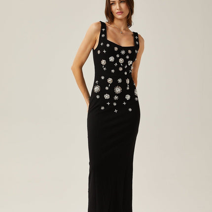 Emanuela Black Crystal Embellished Maxi Dress Polyester Cotton Blend Scoop Neck Rear Slit Zip Fastening
