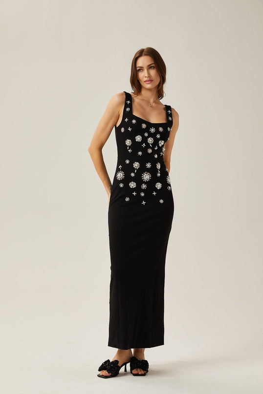 Emanuela Black Crystal Embellished Maxi Dress Polyester Cotton Blend Scoop Neck Rear Slit Zip Fastening