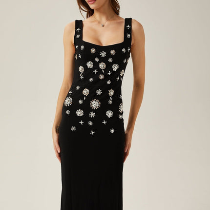 Emanuela Black Crystal Embellished Maxi Dress Polyester Cotton Blend Scoop Neck Rear Slit Zip Fastening