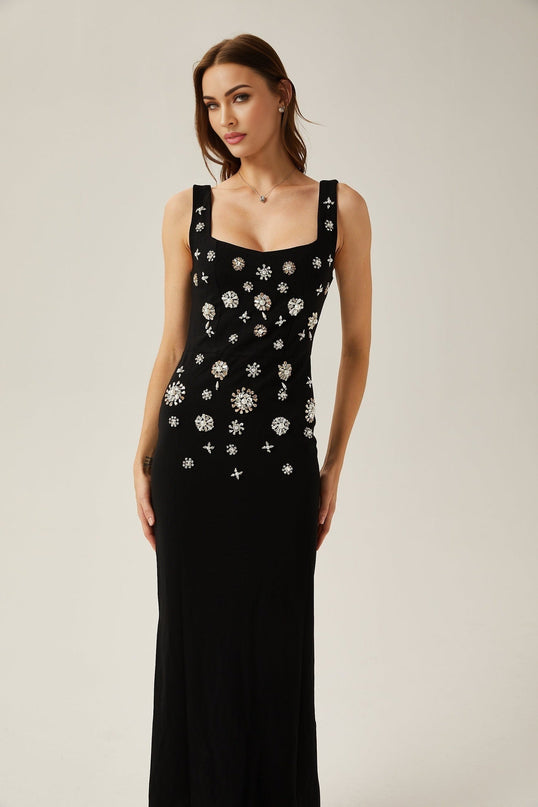 Emanuela Black Crystal Embellished Maxi Dress Polyester Cotton Blend Scoop Neck Rear Slit Zip Fastening