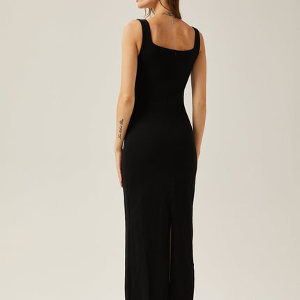 Emanuela Black Crystal Embellished Maxi Dress Polyester Cotton Blend Scoop Neck Rear Slit Zip Fastening