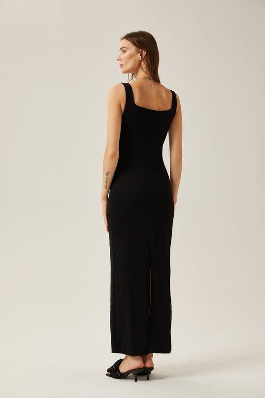 Emanuela Black Crystal Embellished Maxi Dress Polyester Cotton Blend Scoop Neck Rear Slit Zip Fastening