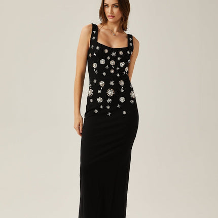 Emanuela Black Crystal Embellished Maxi Dress with Rear Slit and Zip Fastening