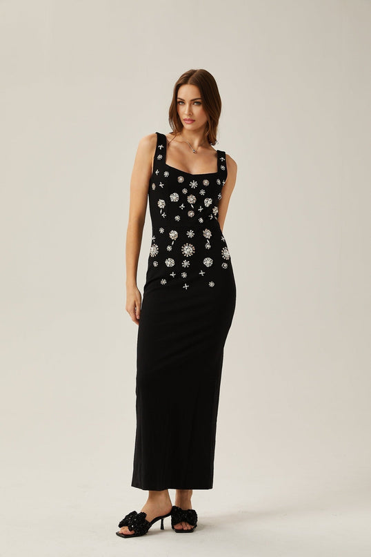 Emanuela Black Crystal Embellished Maxi Dress with Rear Slit and Zip Fastening