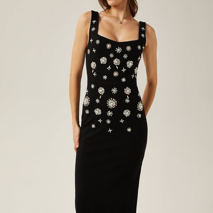 Emanuela Black Crystal Embellished Maxi Dress Polyester Cotton Blend Scoop Neck Rear Slit Zip Fastening