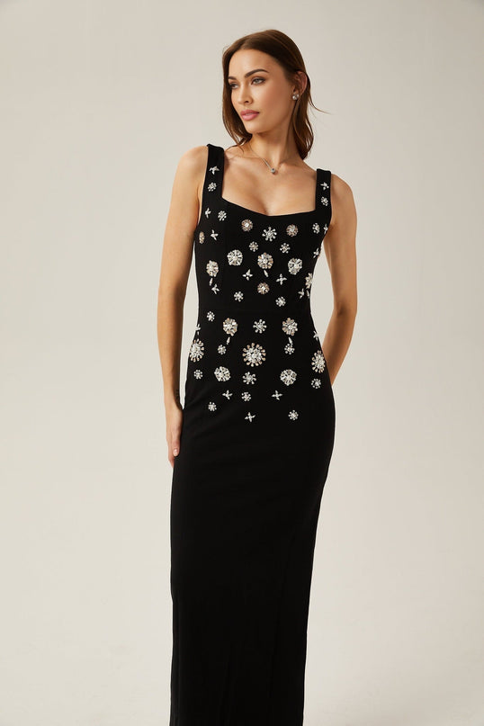 Emanuela Black Crystal Embellished Maxi Dress Polyester Cotton Blend Scoop Neck Rear Slit Zip Fastening