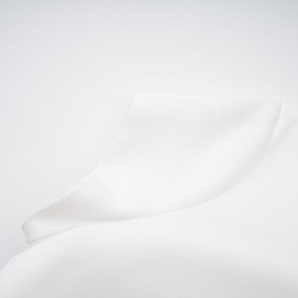 Emanuela White Maxi Dress with Mock Neck Cap Sleeves Open Back Fitted Waistline Boned Bodice Oversize-Bow Mermaid Hem Rear Clasp Zip Fastening 100% Terylene Fiber