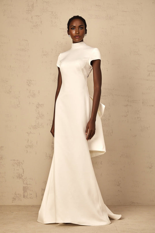 Emanuela White Maxi Dress with Mock Neck and Oversize Bow
