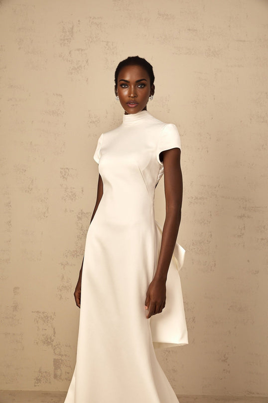Emanuela White Maxi Dress with Mock Neck and Cap Sleeves