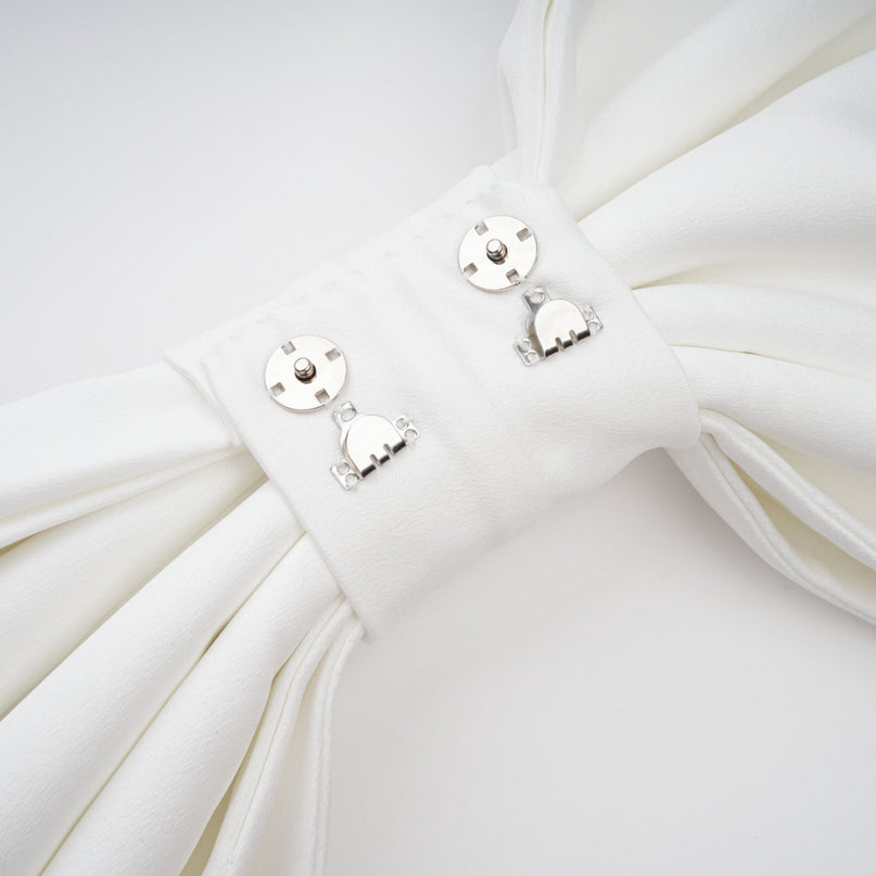 Emanuela White Maxi Dress with Mock Neck, Cap Sleeves, Open Back, Fitted Waistline, Boned Bodice, Oversize Bow, Mermaid Hem, Rear Clasp and Zip Fastening