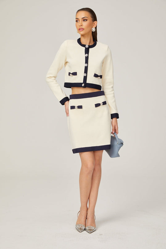 Émeline bowdetail knitted cardigan  skirt matching set