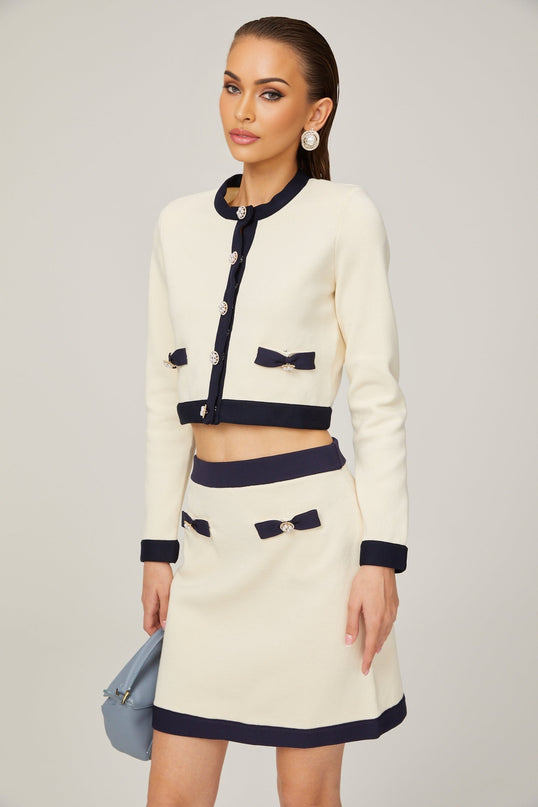 Émeline bowdetail knitted cardigan  skirt matching set