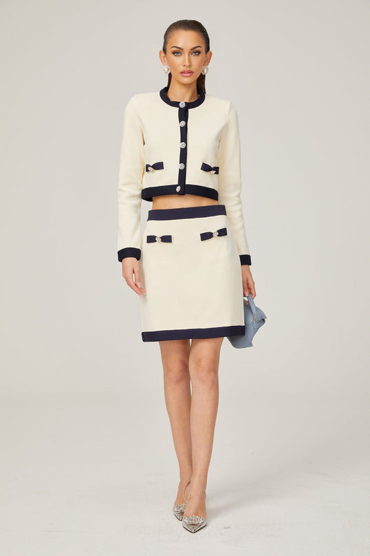 Émeline bowdetail knitted cardigan  skirt matching set