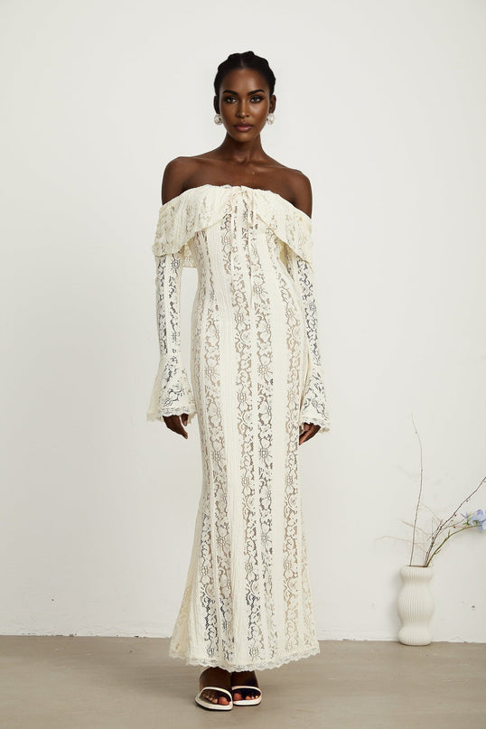 Émeline floral lace flaredcuff maxi dress in Neutrals