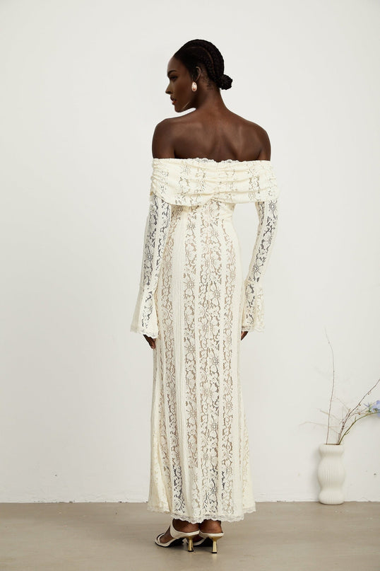 Émeline floral lace flaredcuff maxi dress in Neutrals