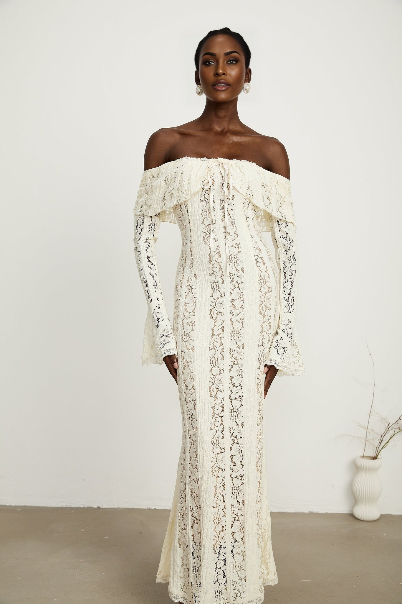 Émeline floral lace flaredcuff maxi dress in Neutrals