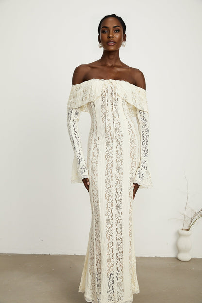 Émeline floral lace flaredcuff maxi dress in Neutrals