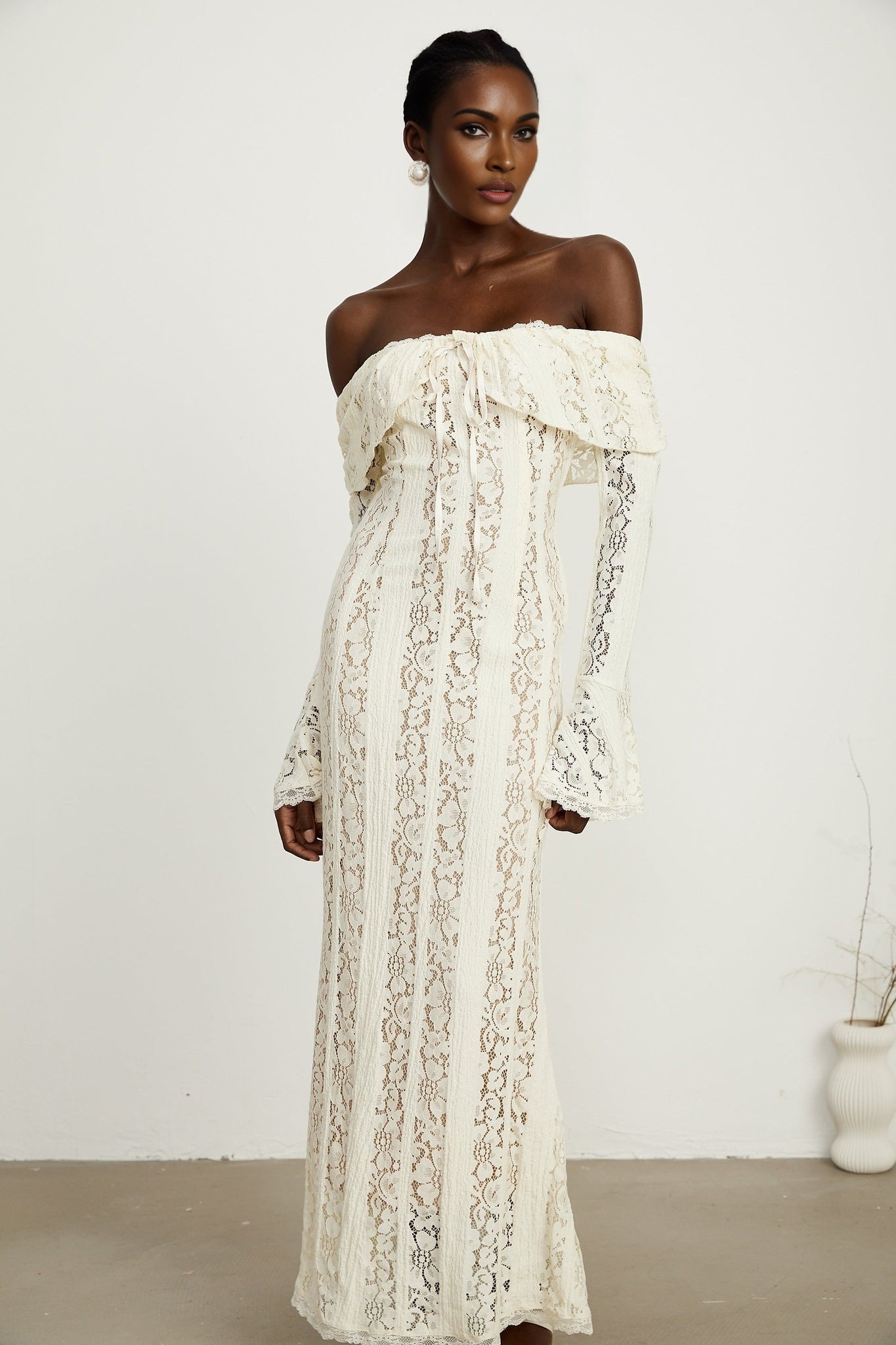 Émeline floral lace flaredcuff maxi dress in Neutrals
