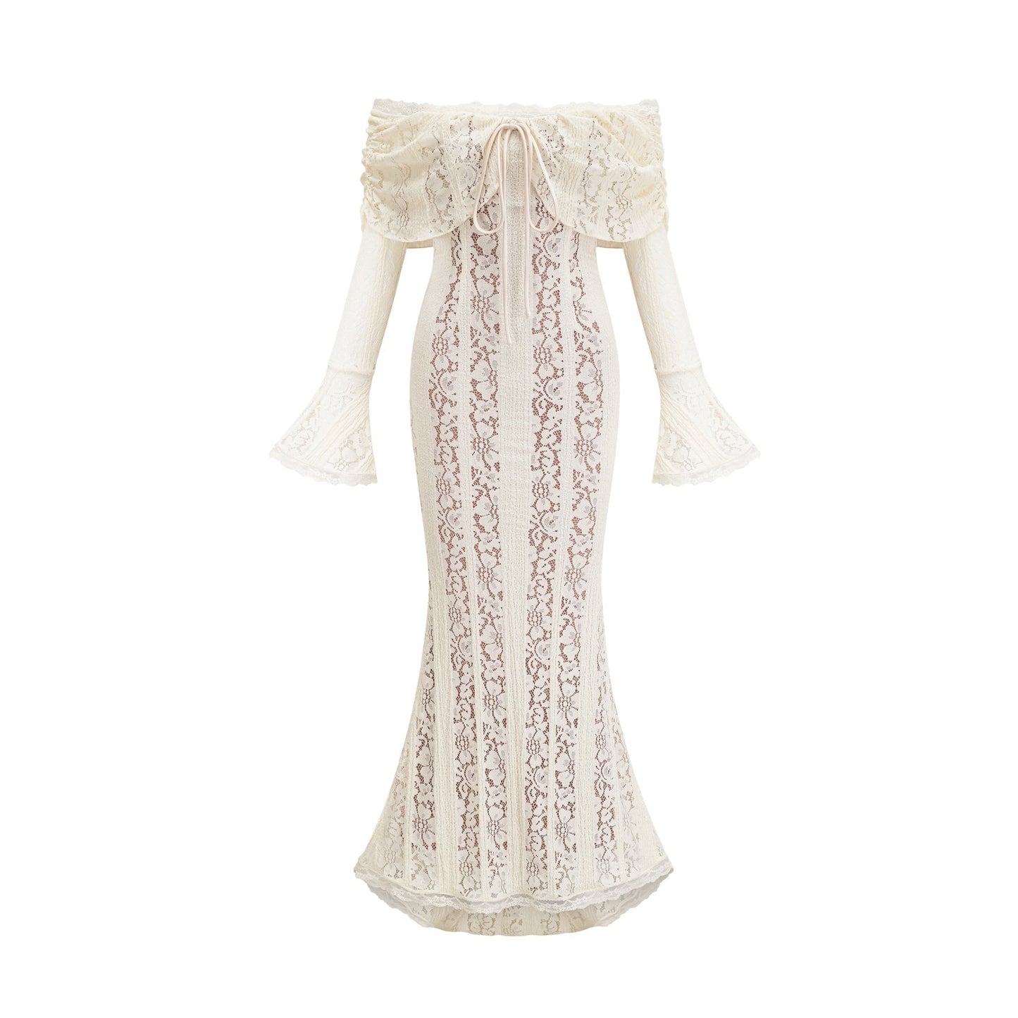 Émeline floral lace flaredcuff maxi dress in Neutrals