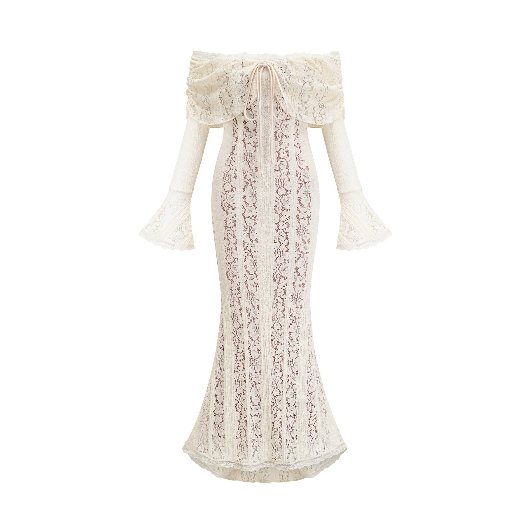 Émeline floral lace flaredcuff maxi dress in Neutrals