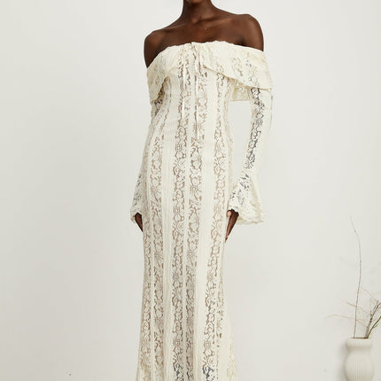 Émeline floral lace flaredcuff maxi dress in Neutrals