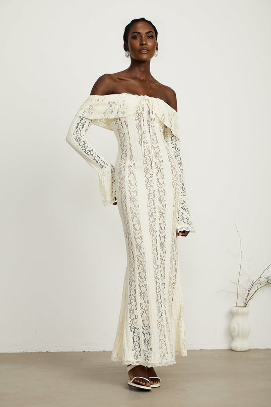 Émeline floral lace flaredcuff maxi dress in Neutrals
