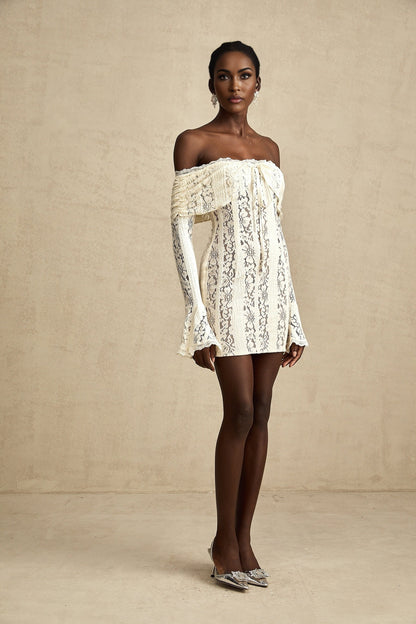 Émeline floral lace flaredcuff mini dress in Neutrals
