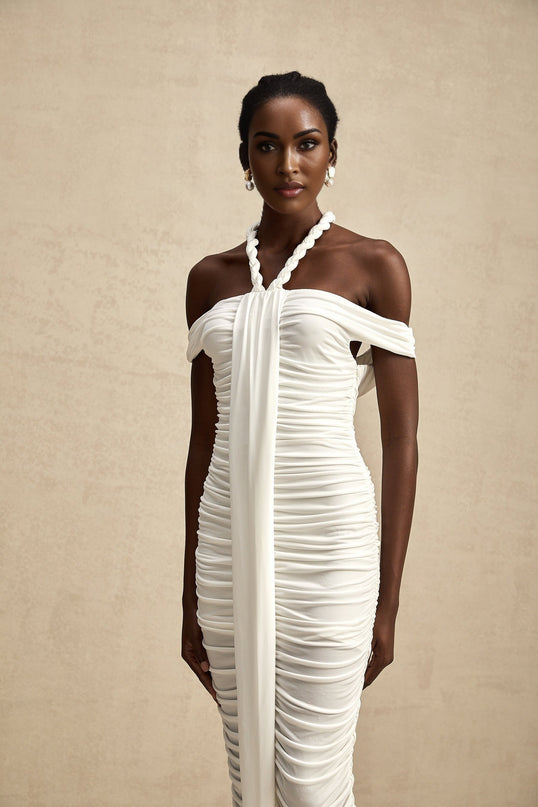 Émeline white braided ropedetail midi dress