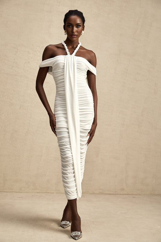 Émeline white braided ropedetail midi dress