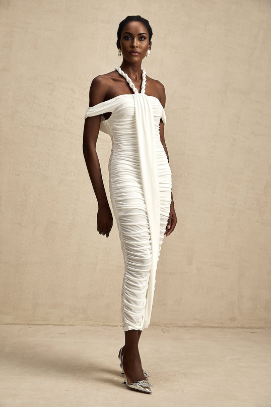 Émeline white braided ropedetail midi dress