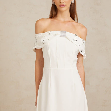 Emerson White Crystal Rhinestone Off-Shoulder Midi Dress