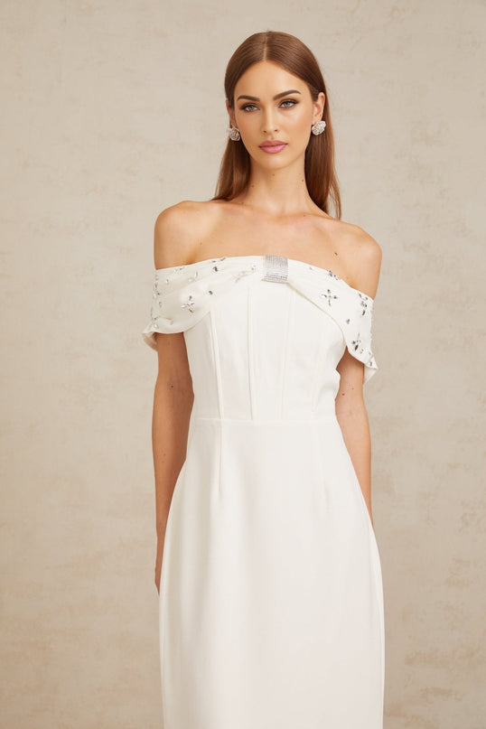 Emerson White Crystal Rhinestone Off-Shoulder Midi Dress