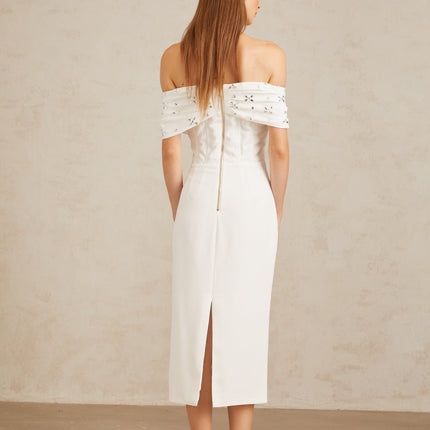 Emerson White Off-Shoulder Crystal Embellished Midi Dress