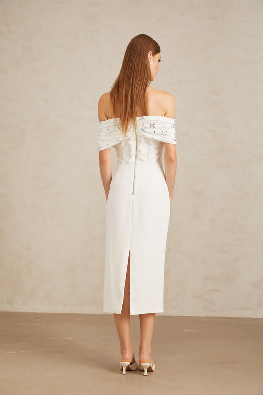 Emerson White Off-Shoulder Crystal Embellished Midi Dress