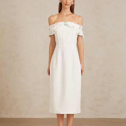 Emerson White Off-Shoulder Crystal Embellished Midi Dress