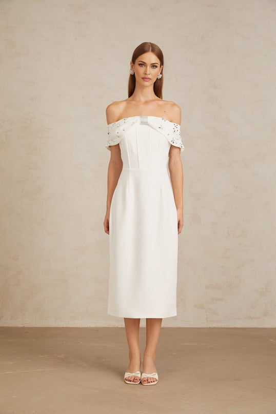 Emerson White Off-Shoulder Crystal Embellished Midi Dress